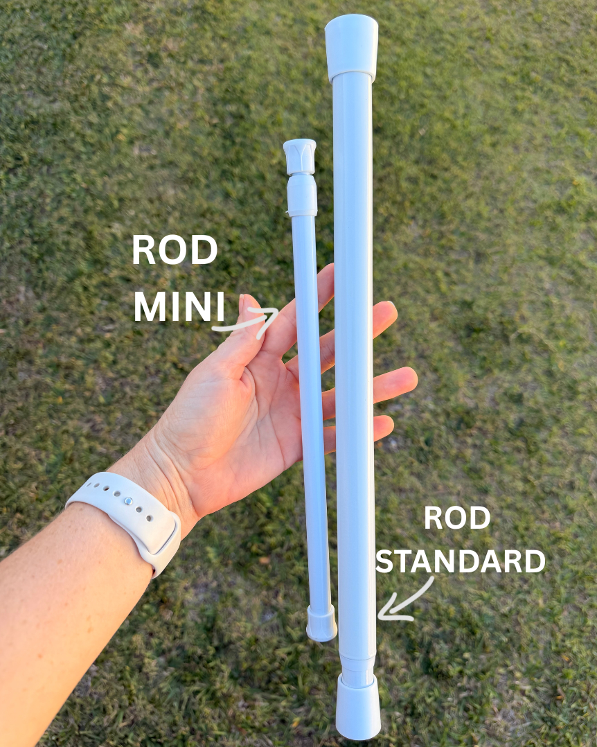 Comparison of small and big white spring loaded curtain rod