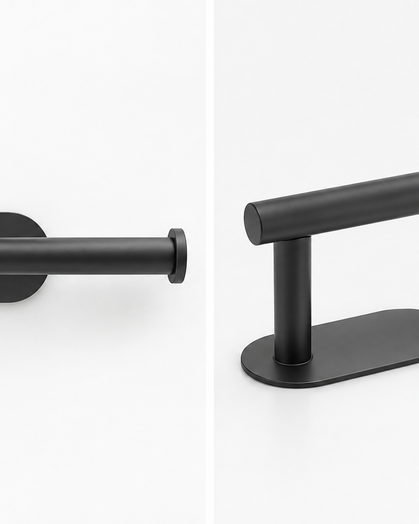studio images of black toilet roll holder