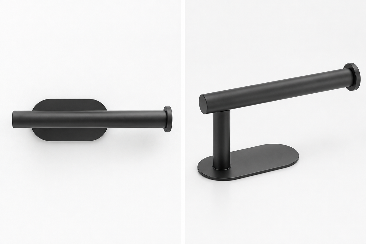 studio images of black toilet roll holder