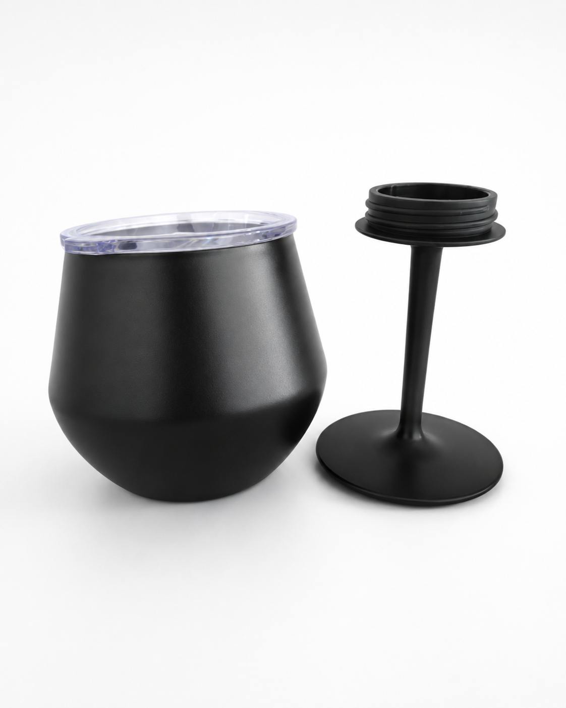 Winnie wine tumbler with stem detached, showing screw-on base and stemless cup